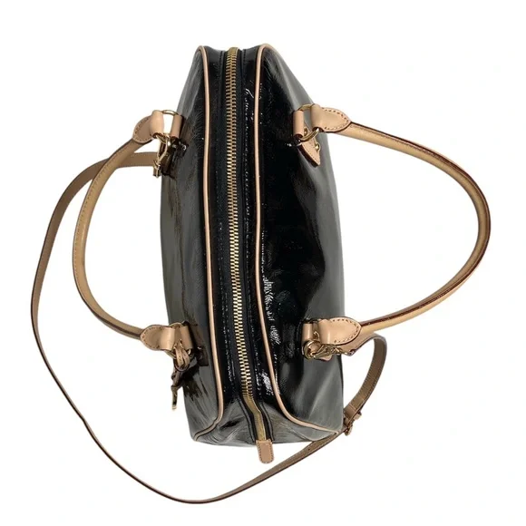 Michael Kors Black Patent Leather Top Handle Bowling Bag With Shoulder Strap